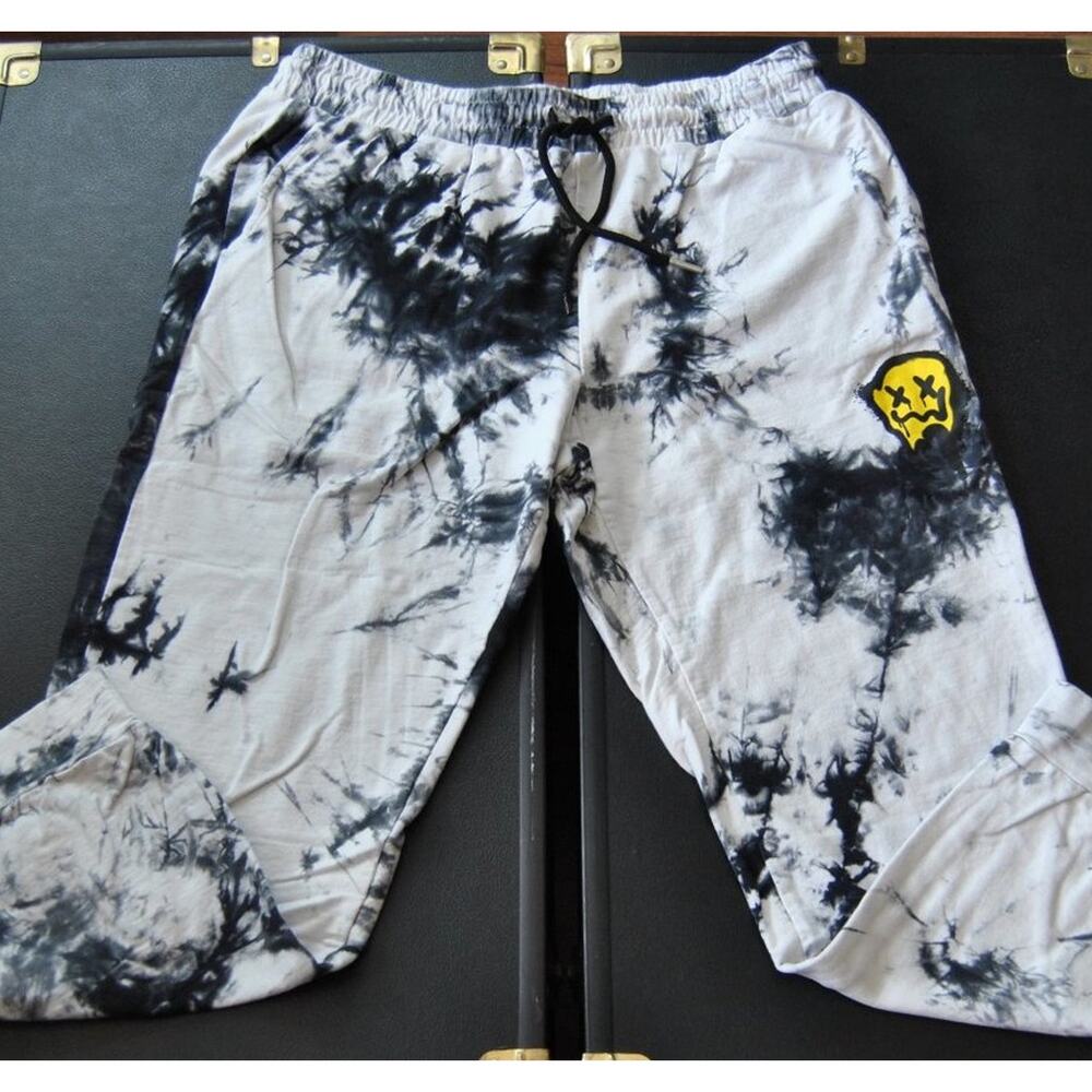 Tie Dye Sweatpants with Dripping Simile Face Medium Black & White